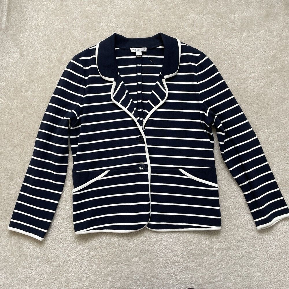 Pendleton Blazer Stretch Buttoned Casual White Blue Stripe Costal Womens XL NWOT